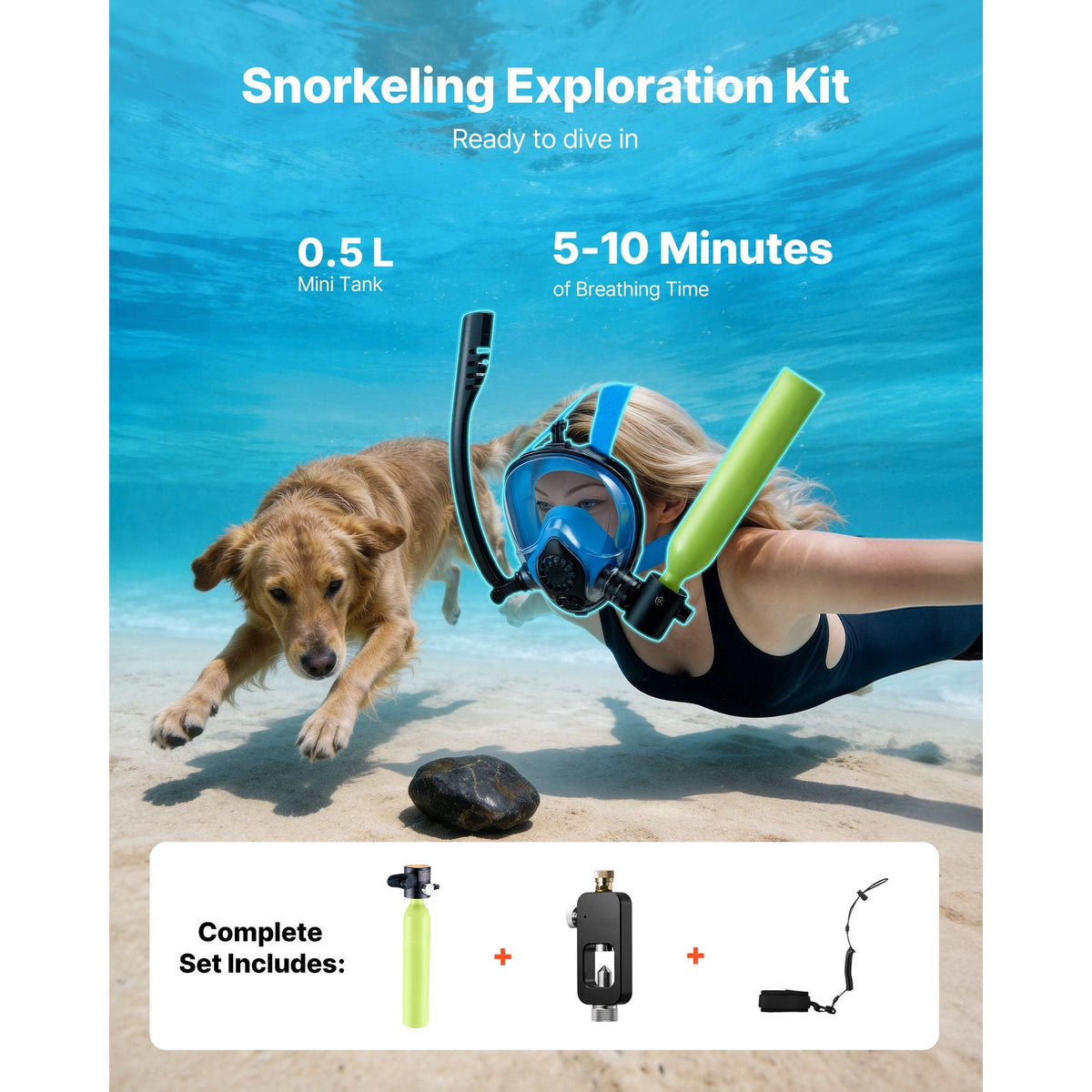 Mini Scuba Tank, 0.5L Portable Diving Tank for Underwater Breathing, Reusable Lung Diving Cylinder up to 10 Minutes Dive Time, Emergency Rescue Pony Bottle with Refill Adapter for Snorkeling