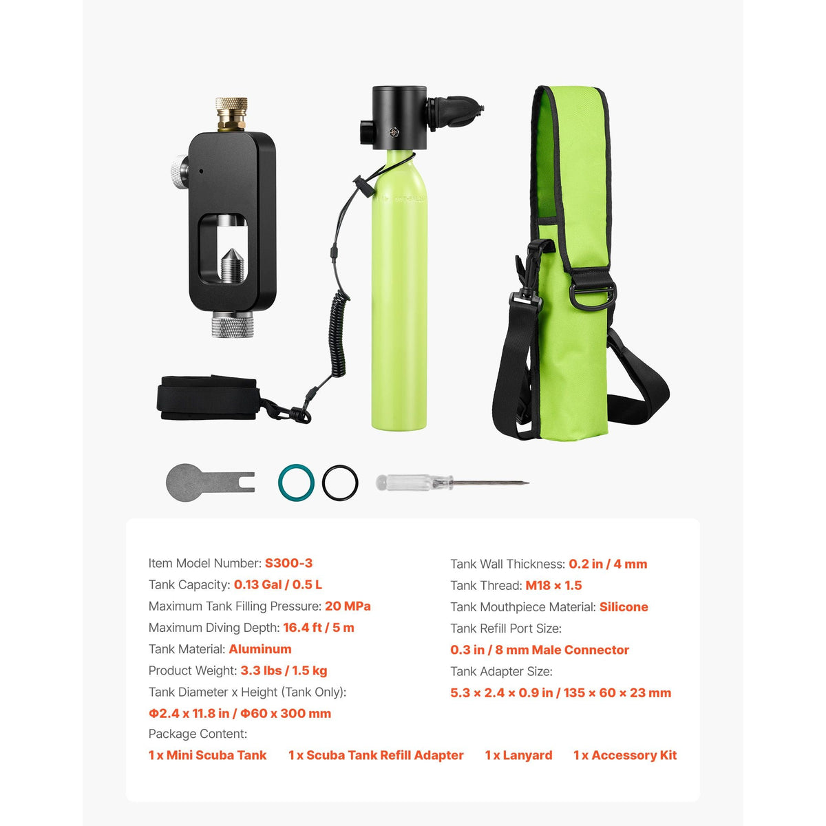 Mini Scuba Tank, 0.5L Portable Diving Tank for Underwater Breathing, Reusable Lung Diving Cylinder up to 10 Minutes Dive Time, Emergency Rescue Pony Bottle with Refill Adapter for Snorkeling