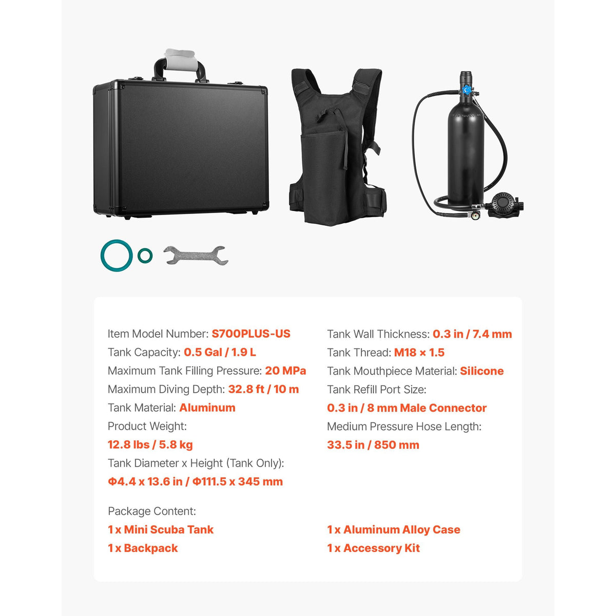 Mini Scuba Tank, 1.9L Portable Diving Tank for Underwater Breathing, Reusable Lung Diving Cylinder up to 35 Minutes Dive Time, Emergency Rescue Pony Bottle with Backpack & Case for Snorkeling