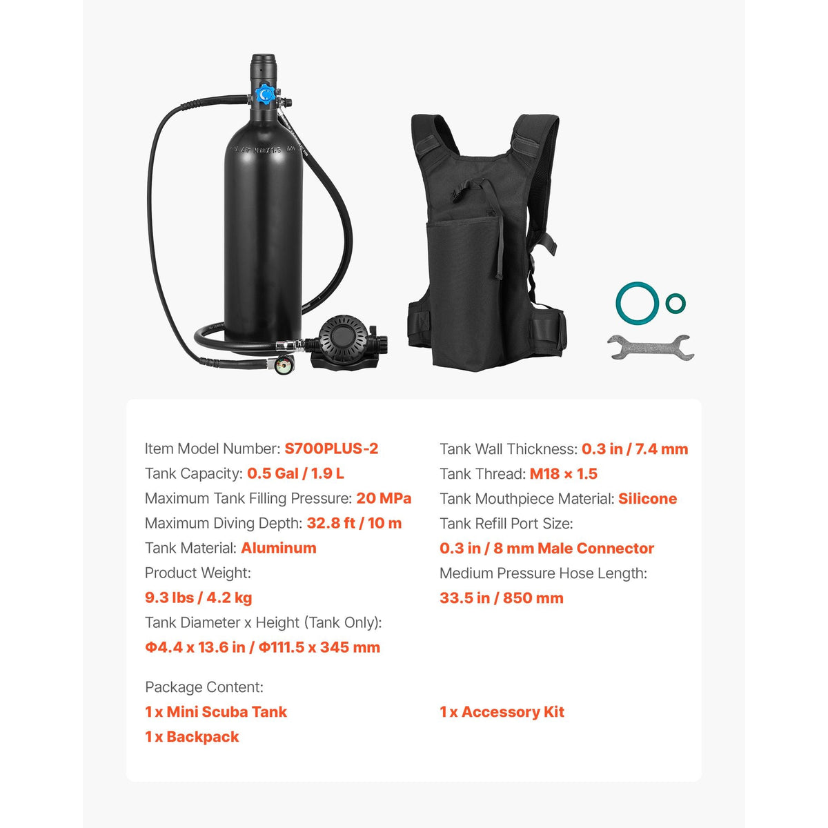 Mini Scuba Tank, 1.9L Portable Small Diving Tank for Underwater Breathing, Reusable Lung Diving Cylinder up to 35 Minutes Dive Time, Emergency Rescue Pony Bottle with Backpack for Snorkeling