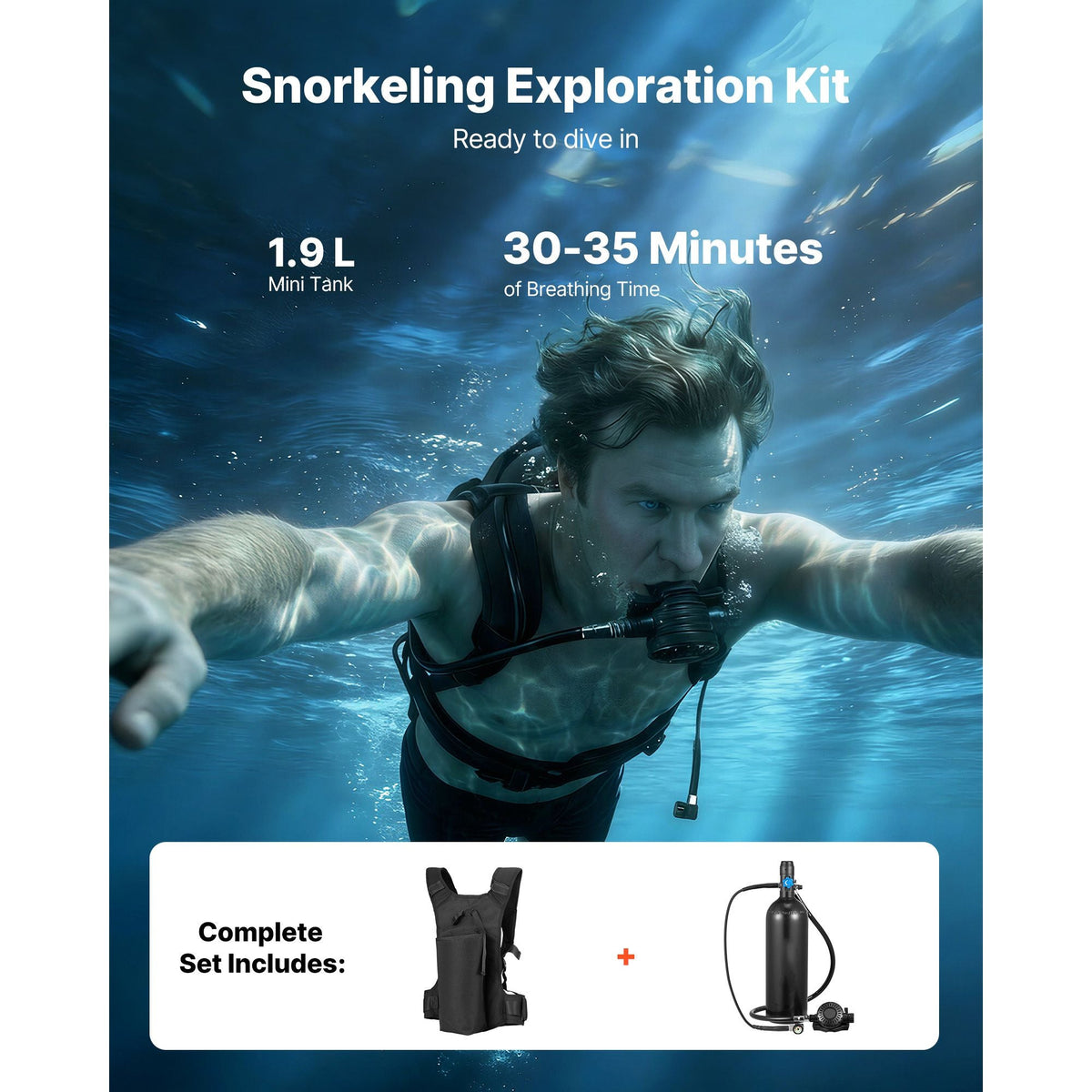 Mini Scuba Tank, 1.9L Portable Small Diving Tank for Underwater Breathing, Reusable Lung Diving Cylinder up to 35 Minutes Dive Time, Emergency Rescue Pony Bottle with Backpack for Snorkeling