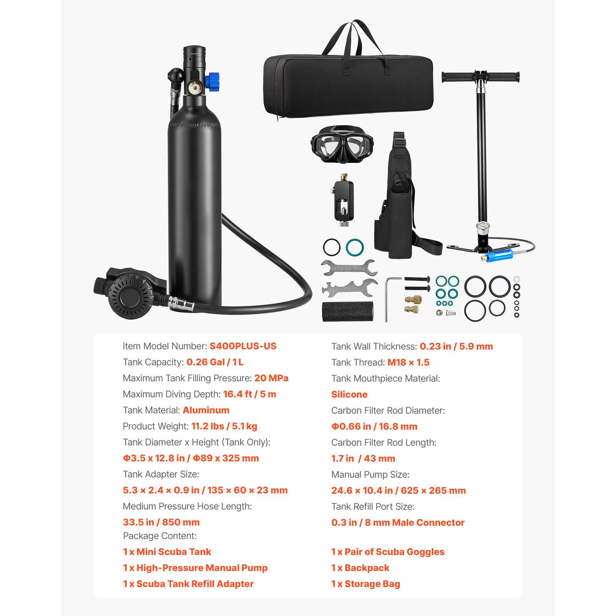Mini Scuba Tank, 1L Portable Diving Tank for Underwater Breathing, Reusable Lung Diving Cylinder up to 20 Minutes Dive Time, Emergency Rescue Pony Bottle with Adapter & Goggles for Snorkeling