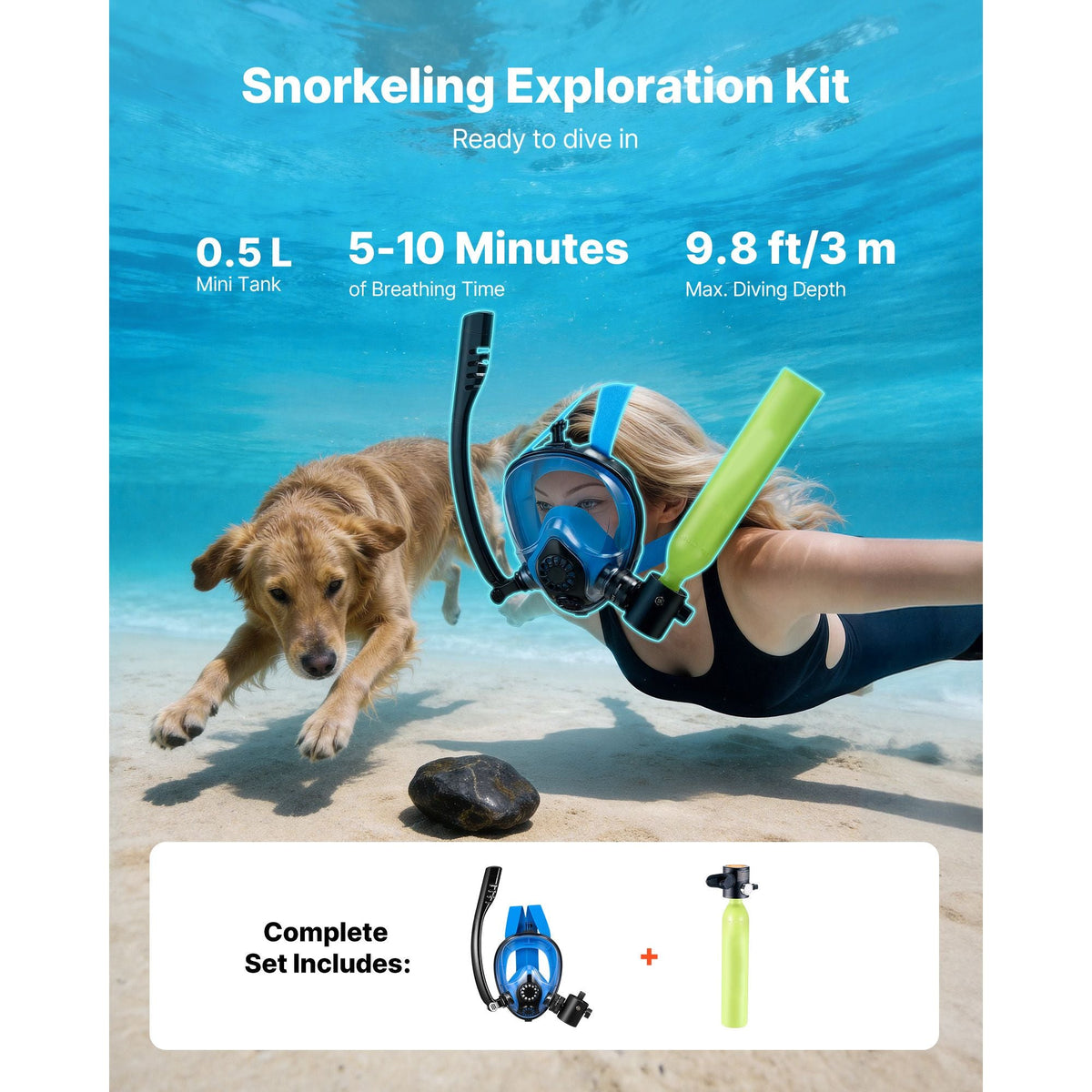 Mini Scuba Tank with Sub-Mask, 0.5L Portable Small Diving Tank for Underwater Breathing, Reusable Lung Diving Cylinder up to 10 Minutes Dive Time, Emergency Rescue Pony Bottle for Snorkeling