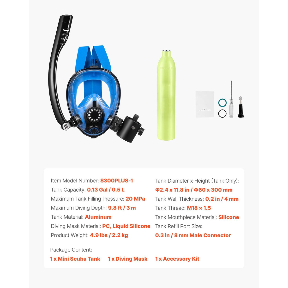 Mini Scuba Tank with Sub-Mask, 0.5L Portable Small Diving Tank for Underwater Breathing, Reusable Lung Diving Cylinder up to 10 Minutes Dive Time, Emergency Rescue Pony Bottle for Snorkeling