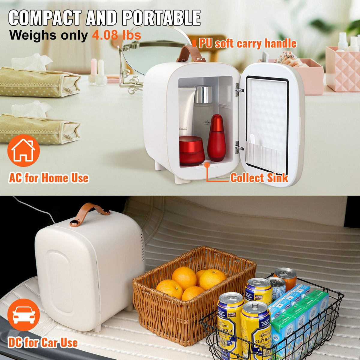 Mini Skin Care Fridge, 4 L/6 Can Cute Makeup Fridge for Cosmetics Beverage Fruit Milk, AC/DC Cooler & Warmer, Mute Tiny Refrigerator for Bedroom Office Dorm Desk Car, ETL Certified, White