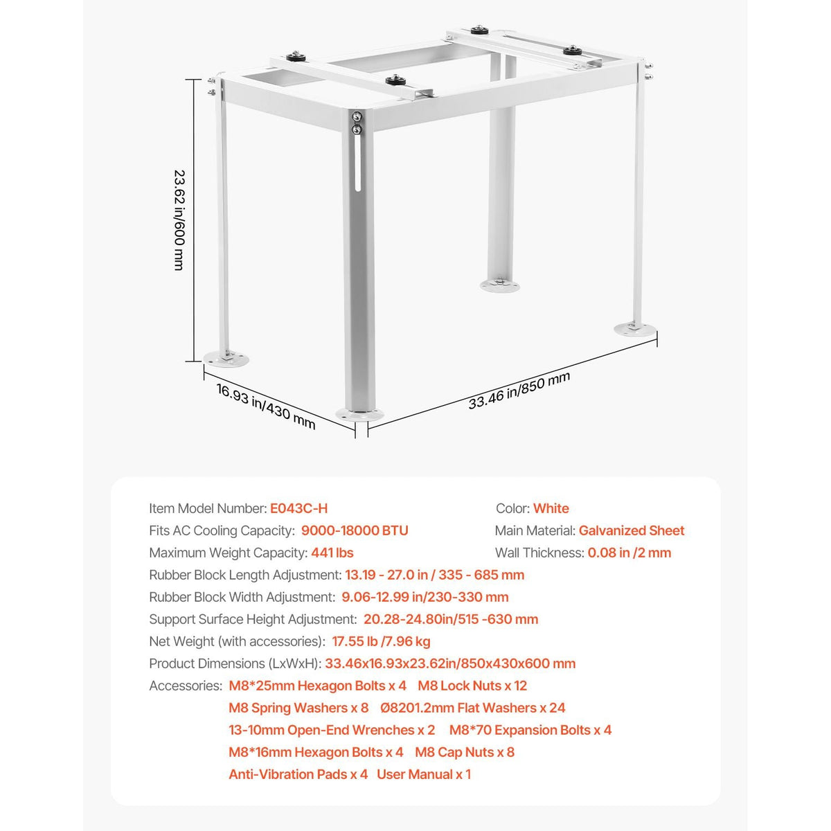 Mini Split Ground Stand, Adjustable Anti-Vibration Mini Split Stand for 9000-18000 BTU Ductless Air Conditioner Heat Pump, Heavy Duty AC Base Bracket Floor Mount w/ 441LBS Max. Load Capacity