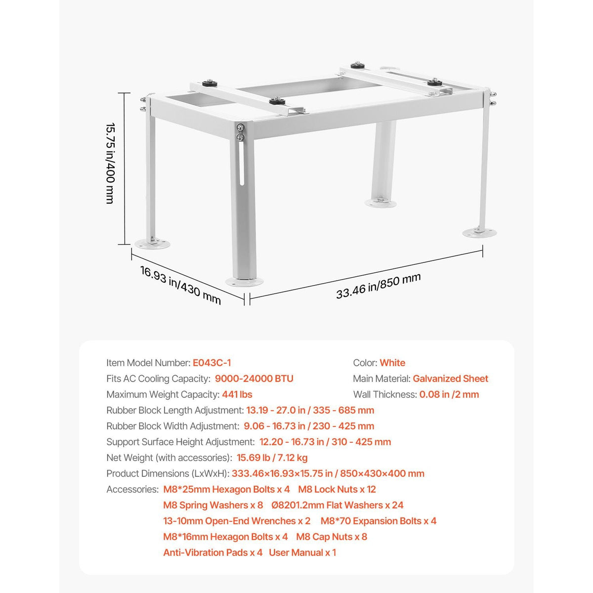 Mini Split Ground Stand, Adjustable Anti-Vibration Mini Split Stand for 9000-24000 BTU Ductless Air Conditioner Heat Pump, Heavy Duty AC Base Bracket Floor Mount w/ 441LBS Max. Load Capacity