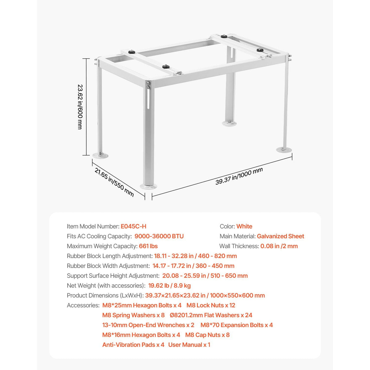 Mini Split Ground Stand, Adjustable Anti-Vibration Mini Split Stand for 9000-36000 BTU Ductless Air Conditioner Heat Pump, Heavy Duty AC Base Bracket Floor Mount w/ 661LBS Max. Load Capacity