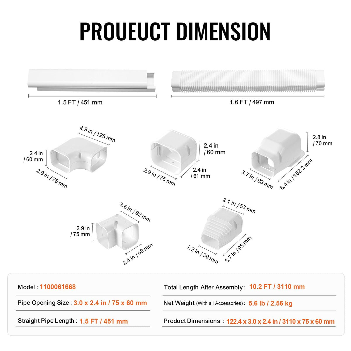 Mini Split Line Set Cover 3-inch W 10Ft L, PVC Decorative Pipe Line Cover For Air Conditioner with 5 Straight Ducts & Full Components Easy to Install, Paintable for Heat Pumps, White