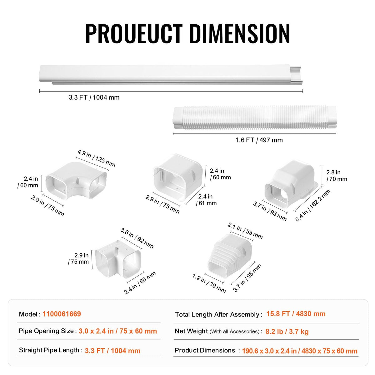 Mini Split Line Set Cover 3-inch W 15.8Ft L, PVC Decorative Pipe Line Cover For Air Conditioner with 4 Straight Ducts & Full Components Easy to Install, Paintable for Heat Pumps, White
