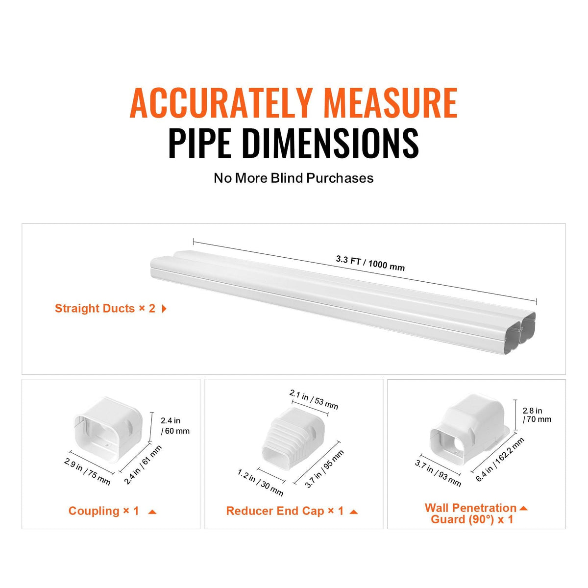 Mini Split Line Set Cover 3-inch W 7.4Ft L, PVC Decorative Pipe Line Cover For Air Conditioner with 2 Straight Ducts & Full Components Easy to Install, Paintable for Heat Pumps, White