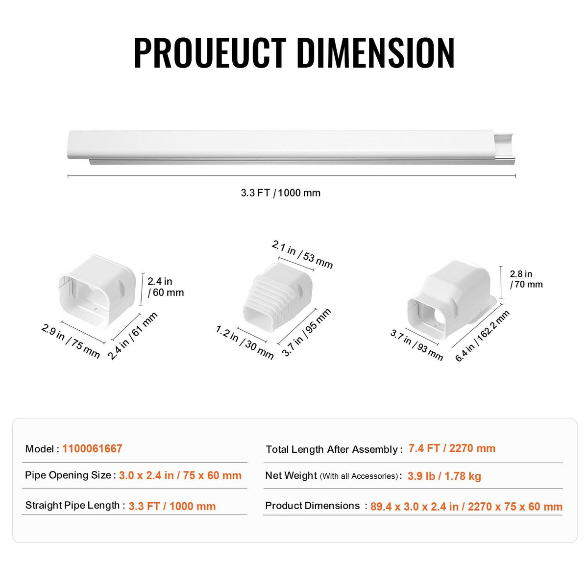 Mini Split Line Set Cover 3-inch W 7.4Ft L, PVC Decorative Pipe Line Cover For Air Conditioner with 2 Straight Ducts & Full Components Easy to Install, Paintable for Heat Pumps, White