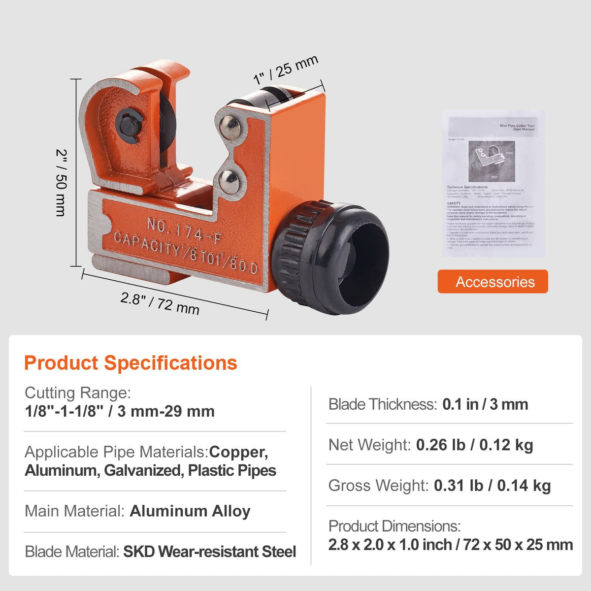 Mini Tubing Cutter, 1/8" - 1-1/8" O.D. Mini Copper Pipe Cutter, Heavy Duty Compact Tube Cutter Tool with High-Speed SKD Blade for Copper, Aluminum, Galvanized, Plastic Pipes