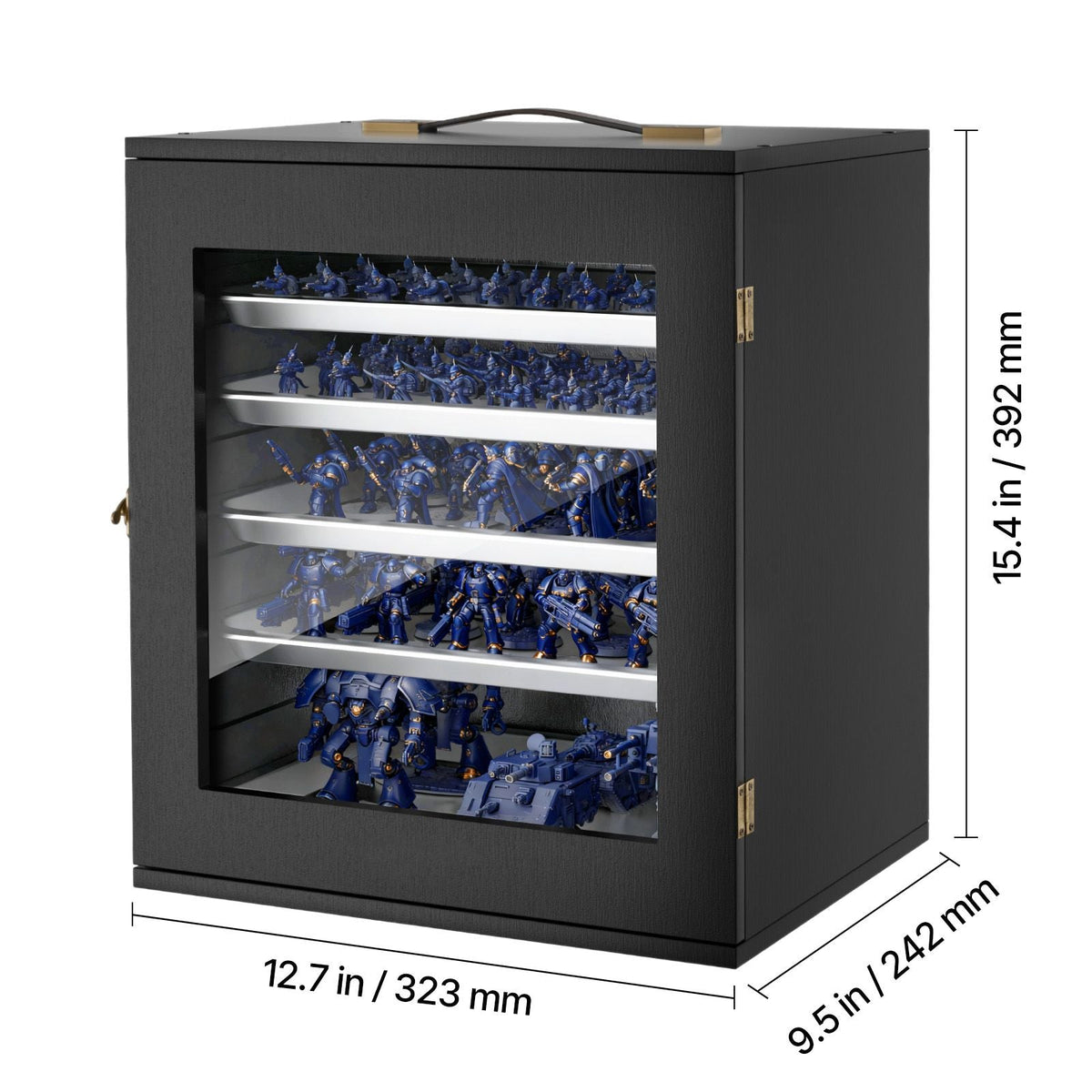 Miniatures Storage Case, Fits for 1:1000-1:1500 Scale Models, Wooden Miniatures Display Holder with 5 Tray & 11 Slots, Clear View Miniature Transport Case for Collectibles (Minis Not Included)