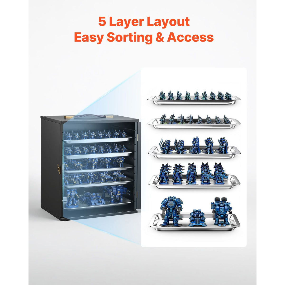 Miniatures Storage Case, Fits for 1:1000-1:1500 Scale Models, Wooden Miniatures Display Holder with 5 Tray & 11 Slots, Clear View Miniature Transport Case for Collectibles (Minis Not Included)