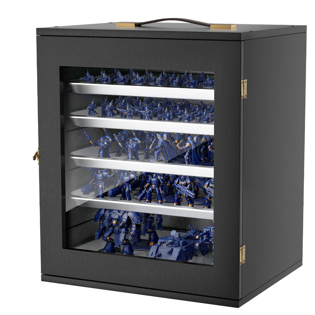 Miniatures Storage Case, Fits for 1:1000-1:1500 Scale Models, Wooden Miniatures Display Holder with 5 Tray & 11 Slots, Clear View Miniature Transport Case for Collectibles (Minis Not Included)