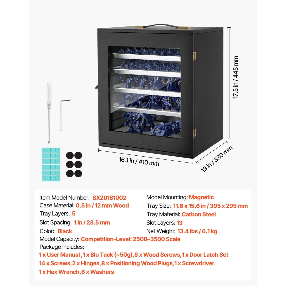 Miniatures Storage Case, Fits for 1:2500-1:3500 Scale Models, Wooden Miniatures Display Holder with 5 Tray & 13 Slots, Clear View Miniature Transport Case for Collectibles (Minis Not Included)