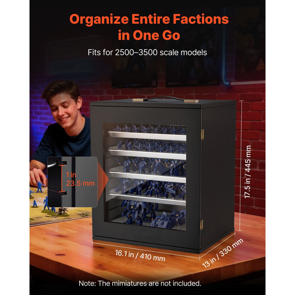 Miniatures Storage Case, Fits for 1:2500-1:3500 Scale Models, Wooden Miniatures Display Holder with 5 Tray & 13 Slots, Clear View Miniature Transport Case for Collectibles (Minis Not Included)