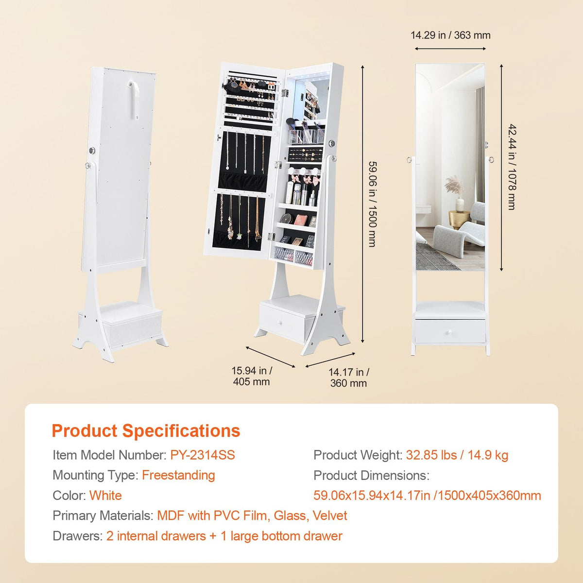 Mirror Jewelry Cabinet, Standing Mirror with Storage, Lockable Jewelry Mirror Organizer with Full Length Mirror, Velvet Lining, Interior LED Light, Drawer, Freestanding Jewelry Armoire, White