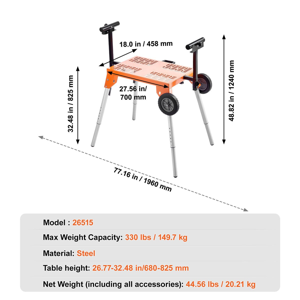 Miter Saw Stand with Tabletop and Wheels, 330lbs Load Capacity Steel Collapsible Rolling Stand for Miter Saw, Adjustable Height and Length, Portable Compact and Folding Miter Saw Stand