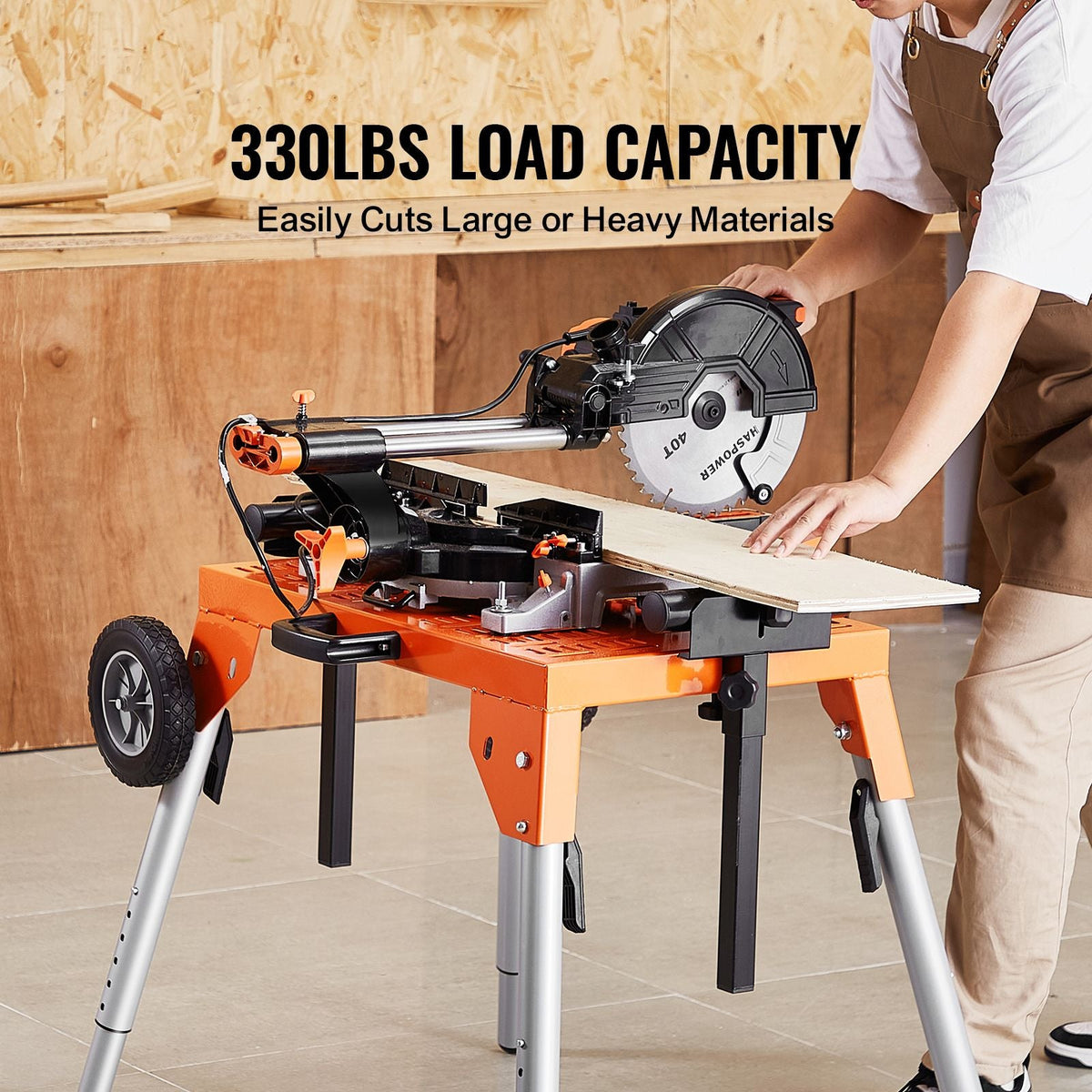 Miter Saw Stand with Tabletop and Wheels, 330lbs Load Capacity Steel Collapsible Rolling Stand for Miter Saw, Adjustable Height and Length, Portable Compact and Folding Miter Saw Stand