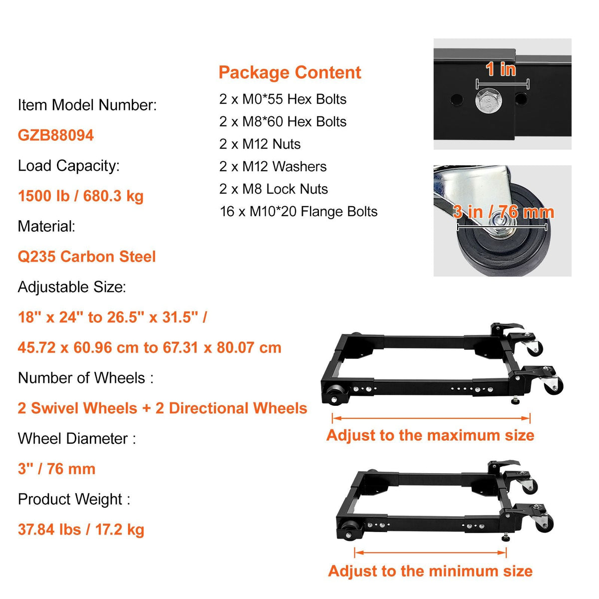 Mobile Base, 1500 lbs Capacity, Adjustable from 18" x 24" to 26.5" x 31.5", Heavy Duty Universal Mobile Base Stand with Swivel Wheels, for Woodworking Equipment, Bandsaw, Power Tools, Machines