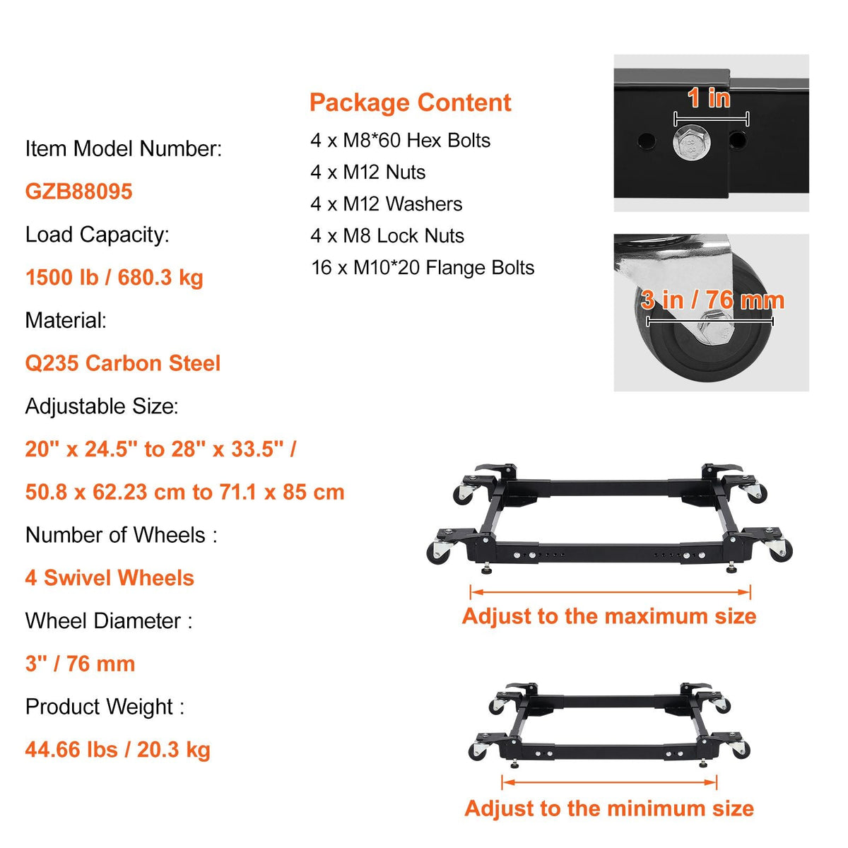 Mobile Base, 1500 lbs Capacity, Adjustable from 20" x 24.5" to 28" x 33.5", Heavy Duty Universal Mobile Base Stand with 4 Swivel Wheels, for Woodworking Equipment, Bandsaw, Power Tool, Machine