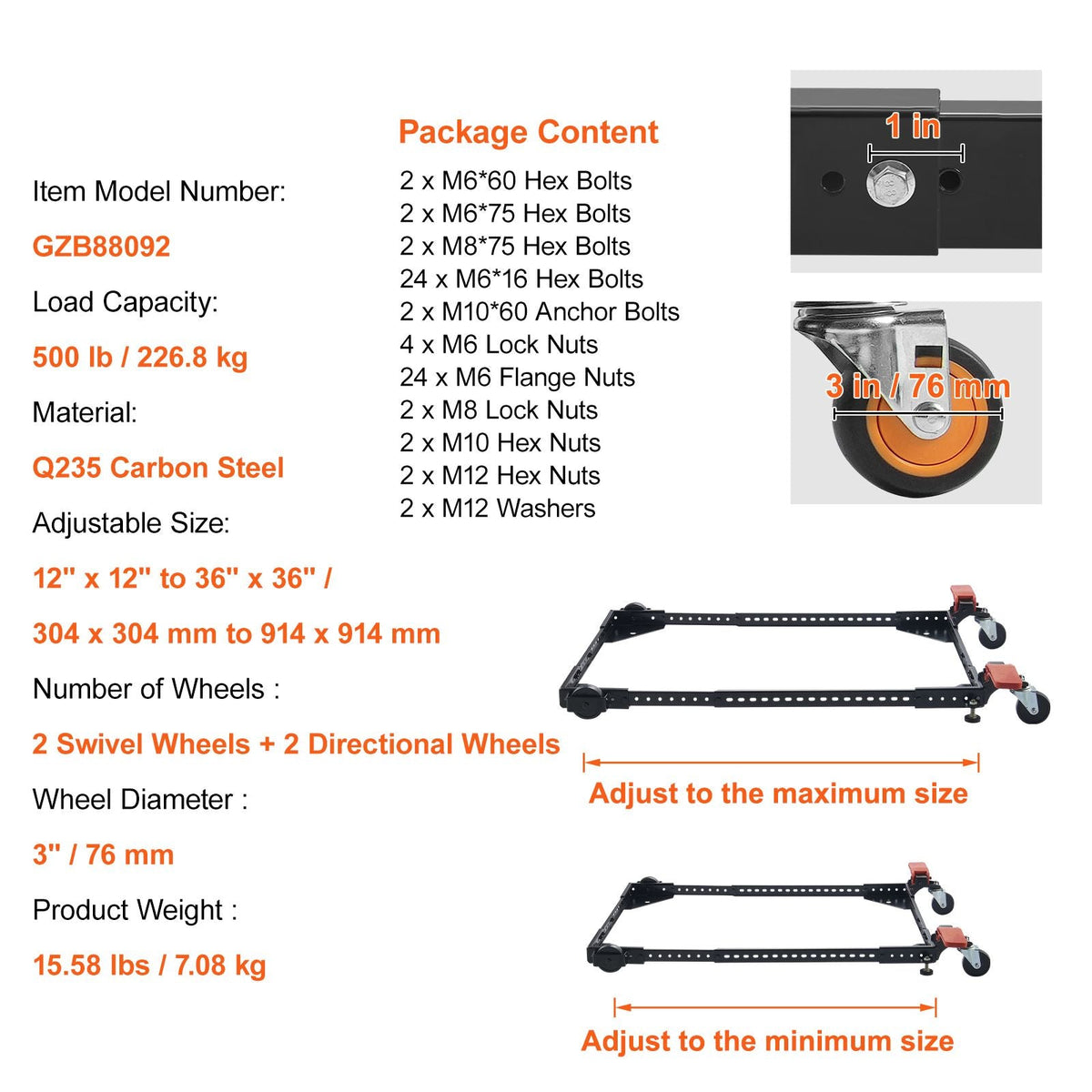 Mobile Base, 500 lbs Weight Capacity, Adjustable from 12" x 12" to 36" x 36", Heavy Duty Universal Mobile Base Stand with Swivel Wheels, for Woodworking Equipment, Bandsaw, Power Tools, Machines