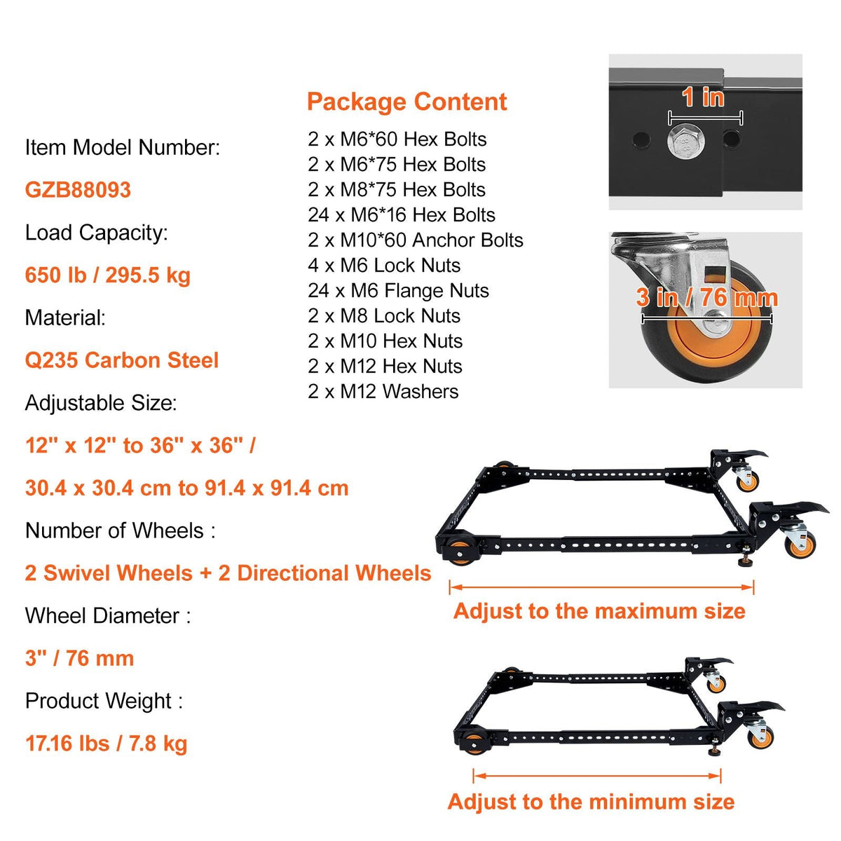Mobile Base, 650 lbs Weight Capacity, Adjustable from 12" x 12" to 36" x 36", Heavy Duty Universal Mobile Base Stand with Swivel Wheels, for Woodworking Equipment, Bandsaw, Power Tools, Machines