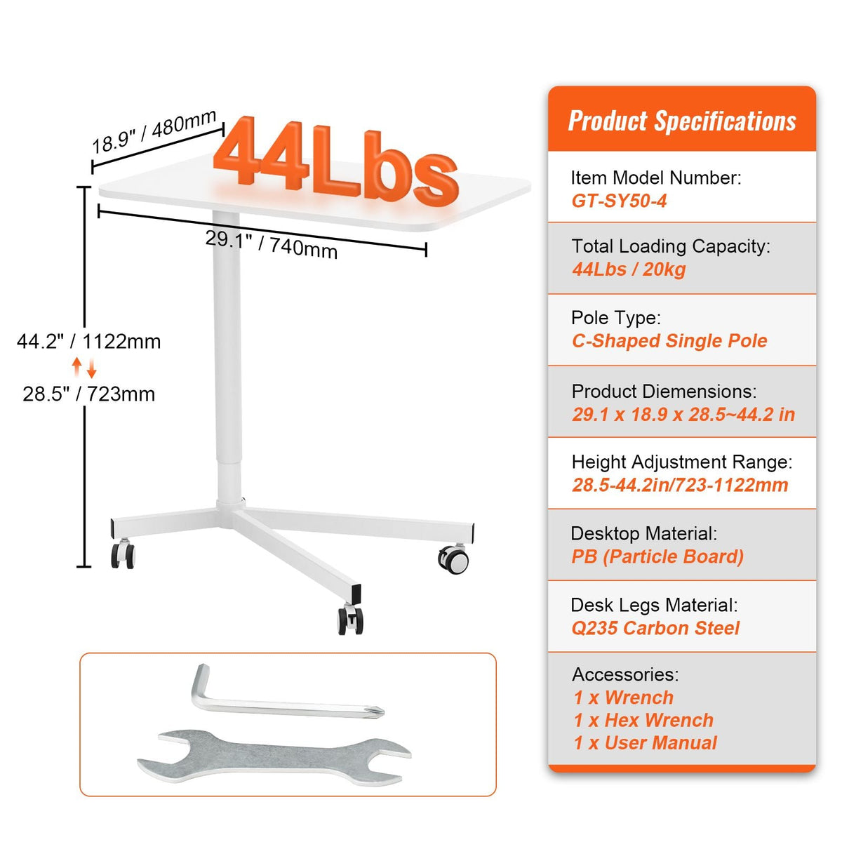 Mobile Standing Desk, 28.5"-44.2" Gas-Spring Height Adjustable Sit-Stand Desk, 360° Swivel Wheels (2 Lockable) Portable Rolling Laptop Table Computer Cart for Home Office School, 44LBS Loading