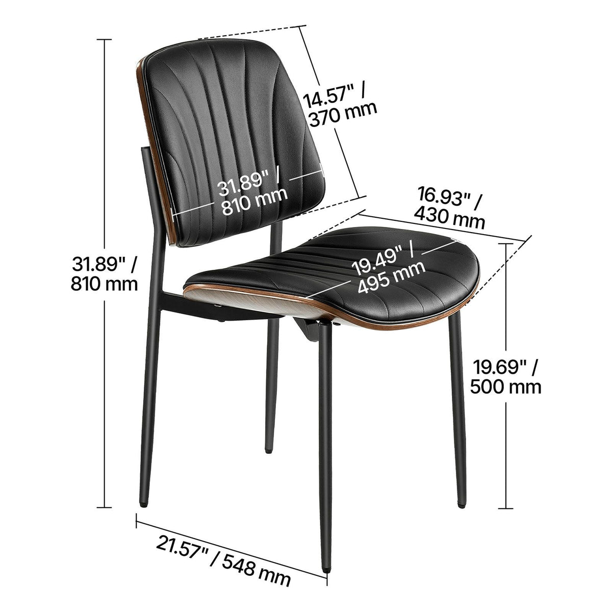 Modern Dining Room Accent Chairs Set of 2, Upholstered Leather Side Chair for Dining Tables, Space-Saving Kitchen Table Chair with Thick Cushions and Metal Legs, Black