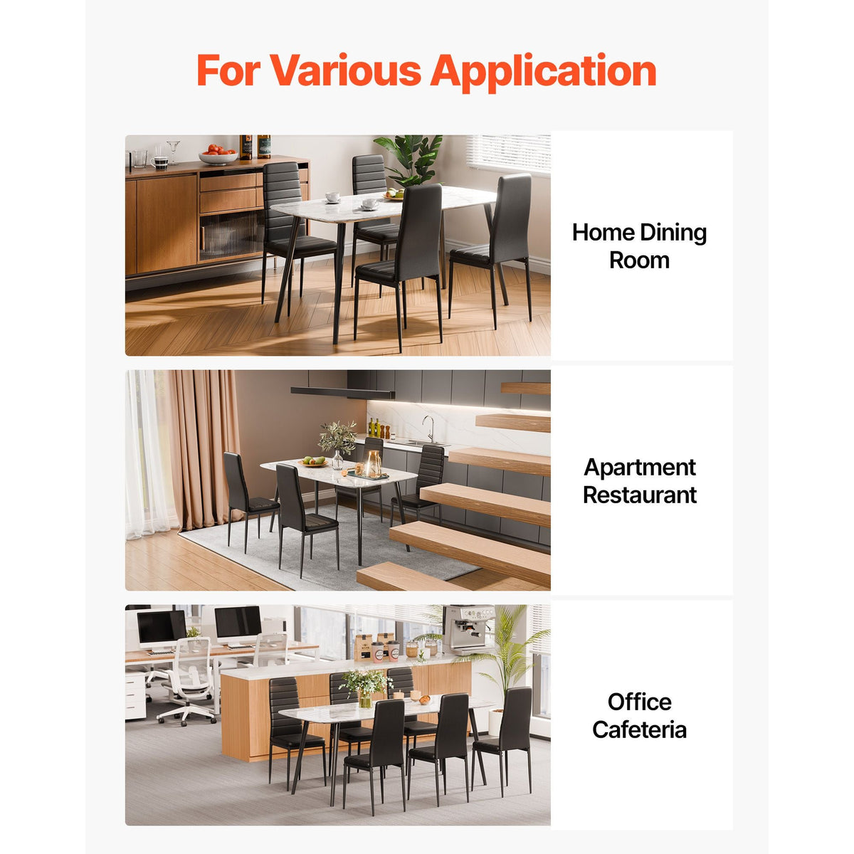 Modern Dining Room Accent Chairs Set of 4, Upholstered Leather Side Chair for Dining Tables, Space-Saving Kitchen Table Chair with Thick Cushions and Metal Legs, Black