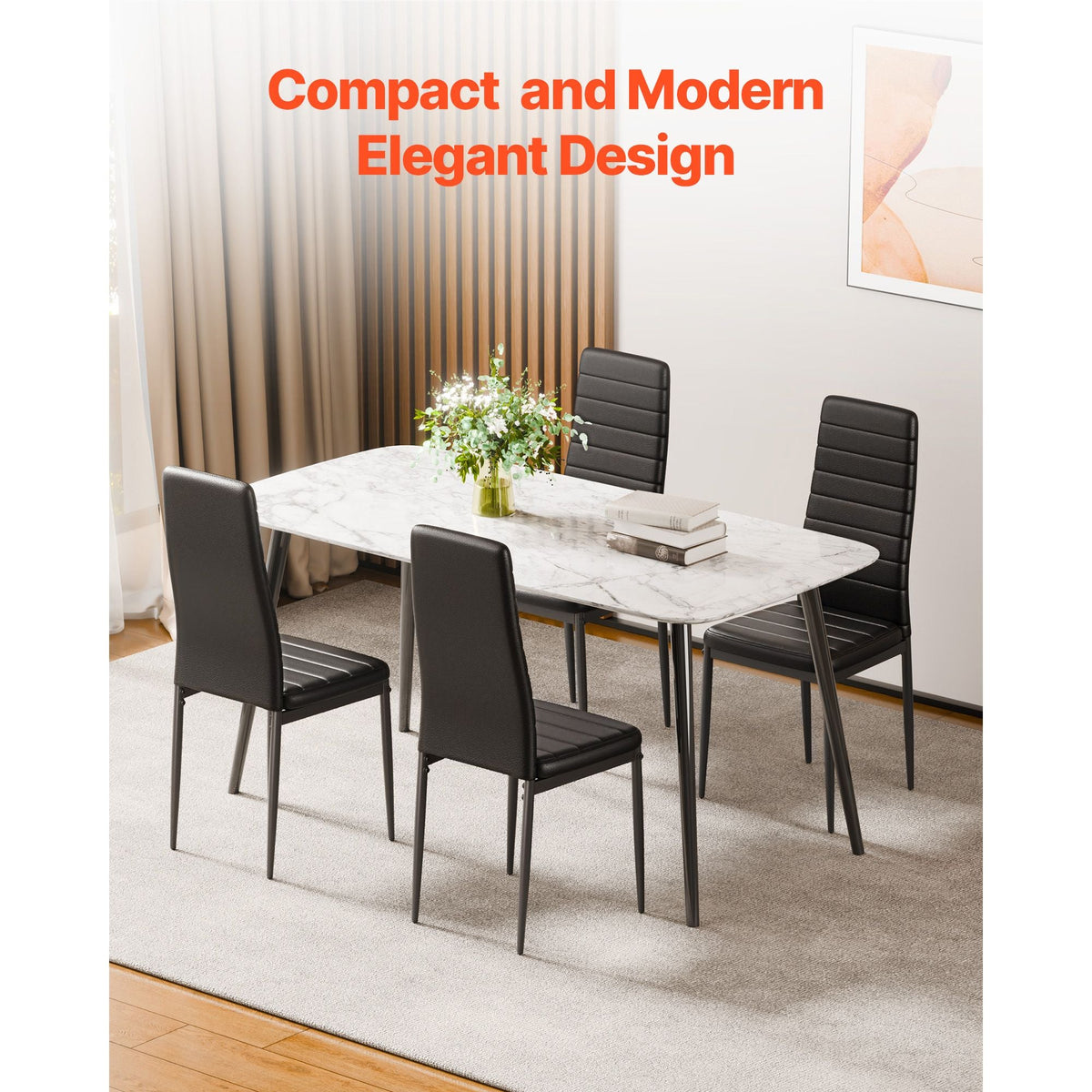 Modern Dining Room Accent Chairs Set of 4, Upholstered Leather Side Chair for Dining Tables, Space-Saving Kitchen Table Chair with Thick Cushions and Metal Legs, Black