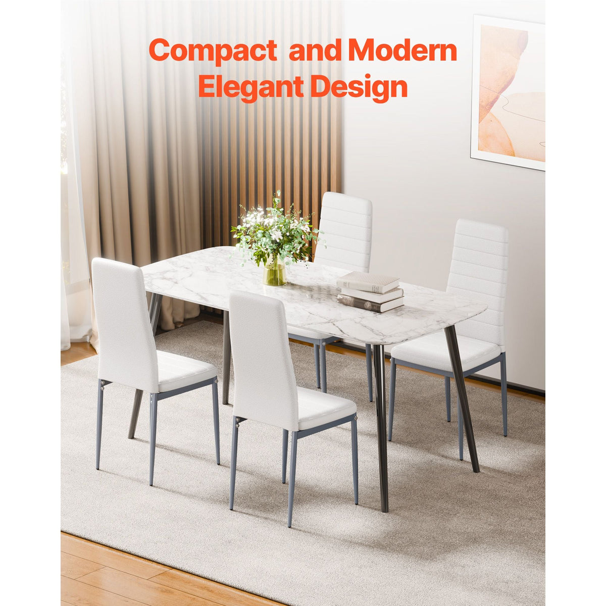 Modern Dining Room Accent Chairs Set of 6, Upholstered Leather Side Chair for Dining Tables, Space-Saving Kitchen Table Chair with Thick Cushions and Metal Legs, White