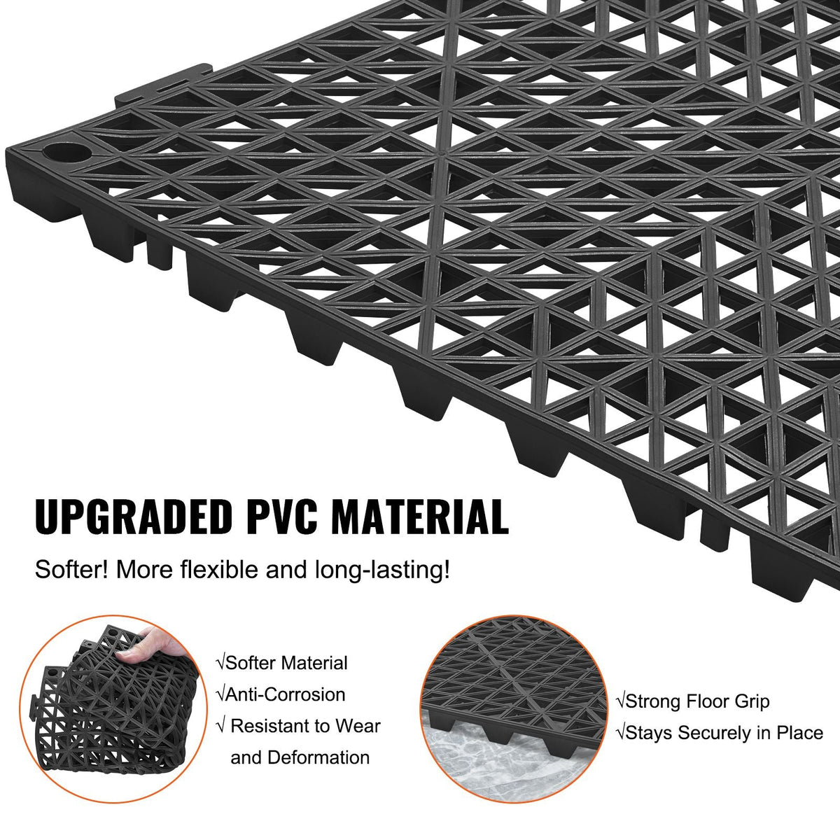 Modular Interlocking Cushion, 12 Pack 12" x 12" Splicing Drainage Mats, Soft PVC Interlocking Drainage Floor Tiles, Non-Slip Drainage Holes for Restroom, Bathroom, Kitchen, Pool, Wet Areas, Blac