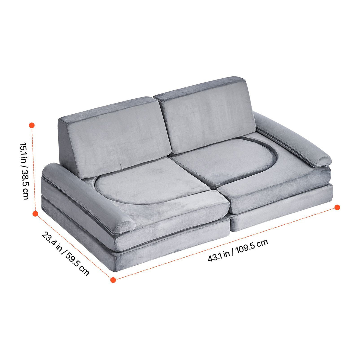Modular Kids Play Couch, Sectional Toddler Sofa with Armrests, 28D Sponge & Short Pile, Convertible Kids Modular Couch DIY Creative Combination for Playroom, Bedroom, Living Room, 10 Pcs, Gray
