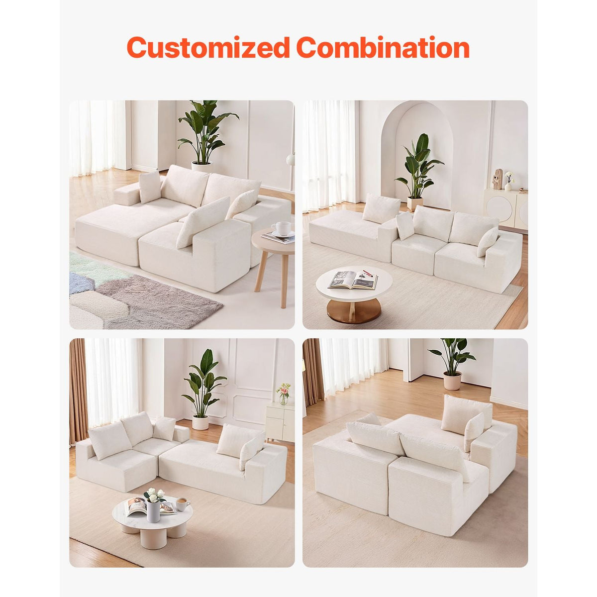 Modular Sectional Sofa, L Shaped Modular Sofa with Chaise, Cloud Sectional Couch with High Rebound Sponge and Density, Upholstered Corduroy Couch with Cushion for Living Room, Apartment, Beige