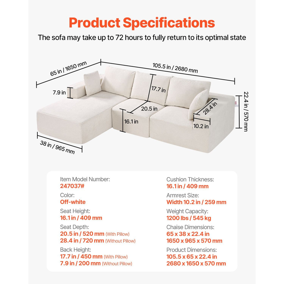 Modular Sectional Sofa, L Shaped Modular Sofa with Chaise, Cloud Sectional Couch with High Rebound Sponge and Density, Upholstered Corduroy Couch with Cushion for Living Room, Apartment, Beige