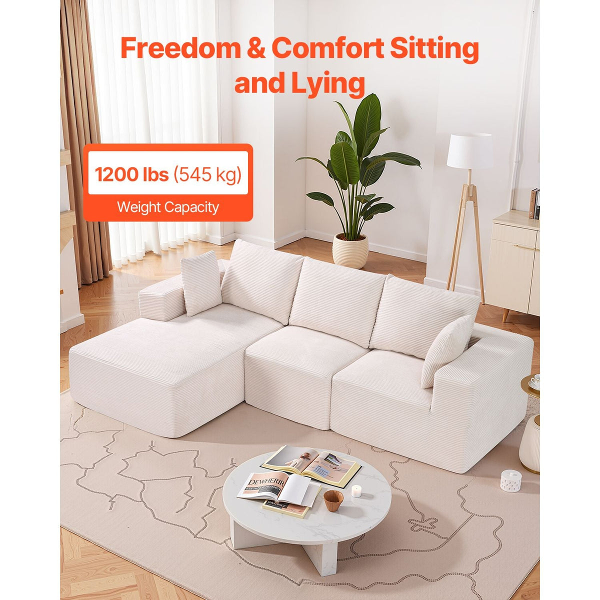 Modular Sectional Sofa, L Shaped Modular Sofa with Chaise, Cloud Sectional Couch with High Rebound Sponge and Density, Upholstered Corduroy Couch with Cushion for Living Room, Apartment, Beige