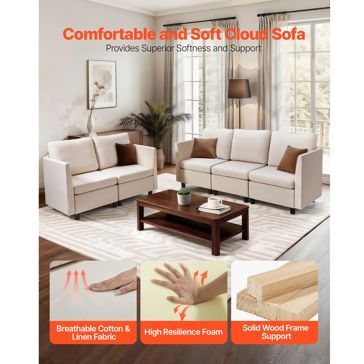 Modular Sectional Sofa, Modern 5-Seater Modular Sofa with Hidden Storage, Cloud Sectional Couch with High Rebound Sponge, Solid Wood Frame Upholstered Comfy Couch for Living Room, Bedroom, Beige