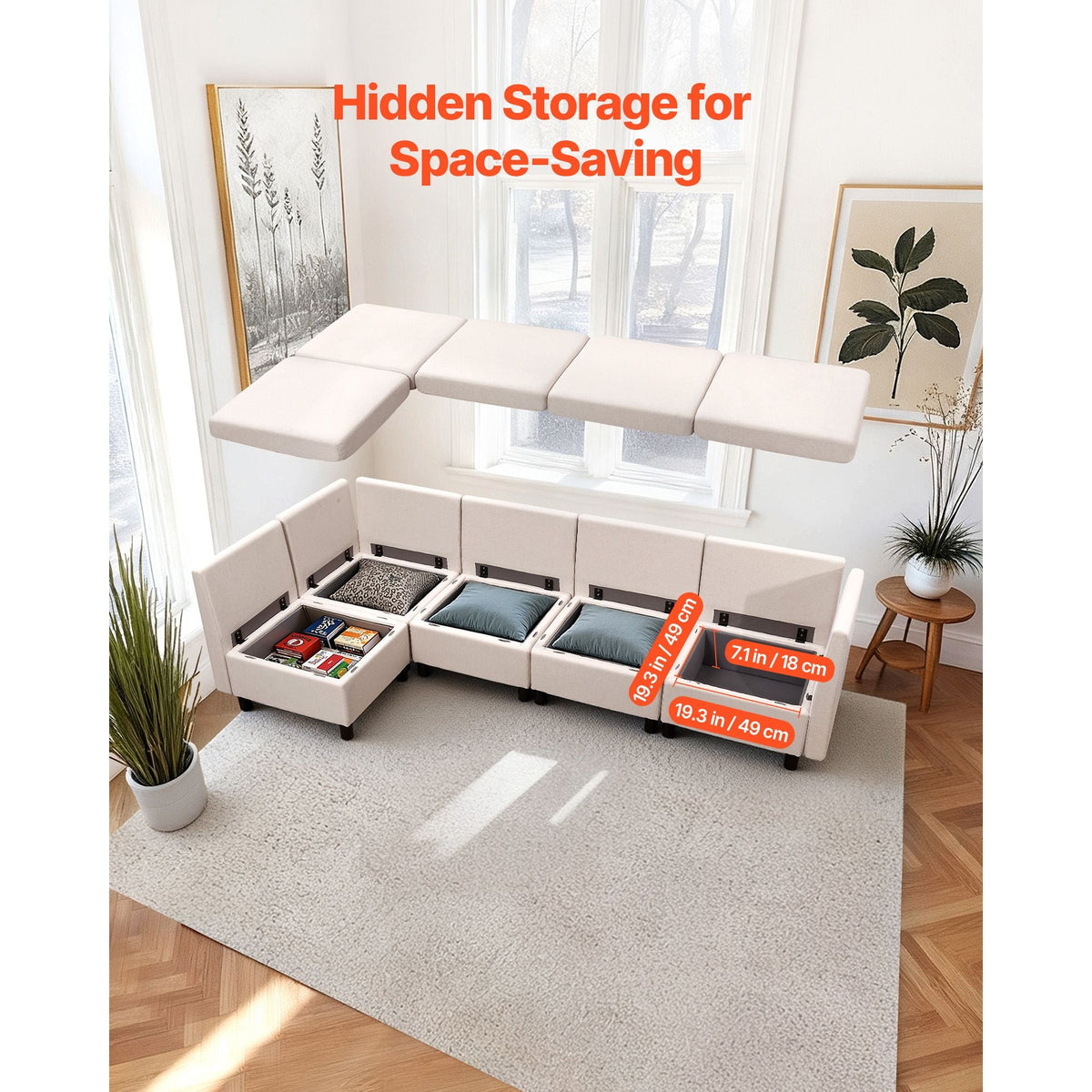 Modular Sectional Sofa, Modern 5-Seater Modular Sofa with Hidden Storage, Cloud Sectional Couch with High Rebound Sponge, Solid Wood Frame Upholstered Comfy Couch for Living Room, Bedroom, Beige