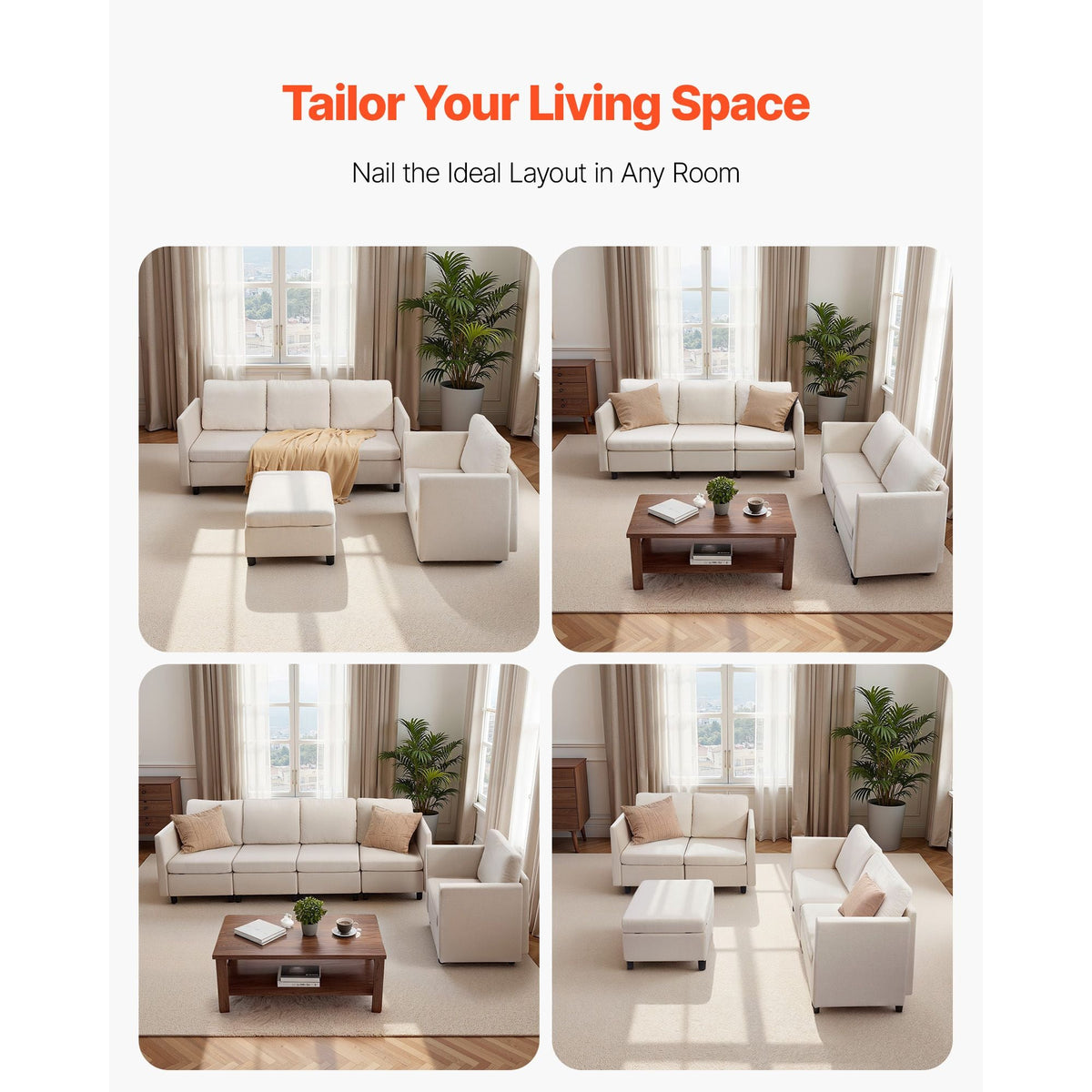Modular Sectional Sofa, Modern 5-Seater Modular Sofa with Hidden Storage, Cloud Sectional Couch with High Rebound Sponge, Solid Wood Frame Upholstered Comfy Couch for Living Room, Bedroom, Beige