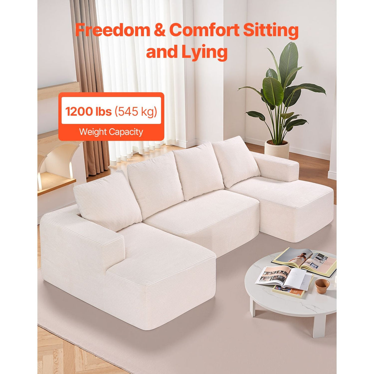Modular Sectional Sofa, U Shaped Modular Sofa with Chaise, Cloud Sectional Couch with High Rebound Sponge and Density, Upholstered Corduroy Couch with Cushion for Living Room, Bedroom, Beige