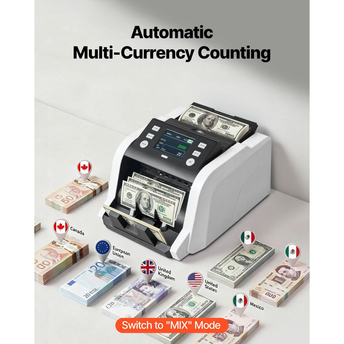 Money Counter Machine, 1200 Notes/Minute, Cash Counter with Value Count, UV/MG/IR/DD/DBL/HLF/CHN Counterfeit Detection, TFT Display, Money Counting Machine Mixed Denomination for Dollar and Euro