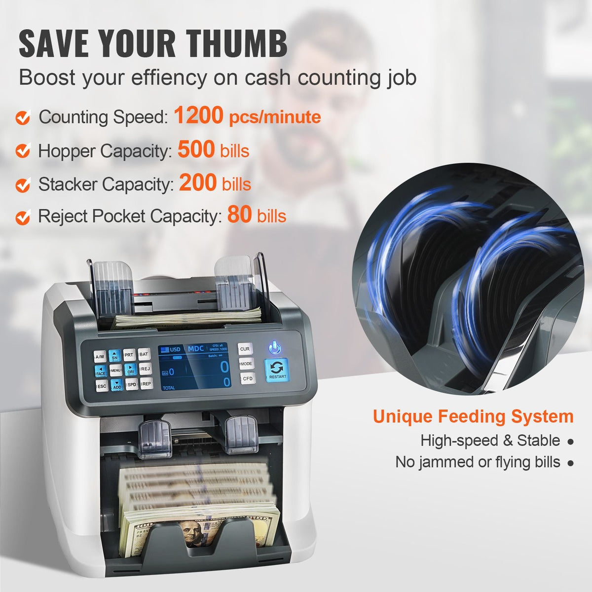 Money Counter Machine, Bill Counter with Mixed Denomination, 2CIS, SN, UV, IR, MG, DD Counterfeit Detection, Multi Currency, Value Counting Cash Counter and Sorter, Printer Enabled