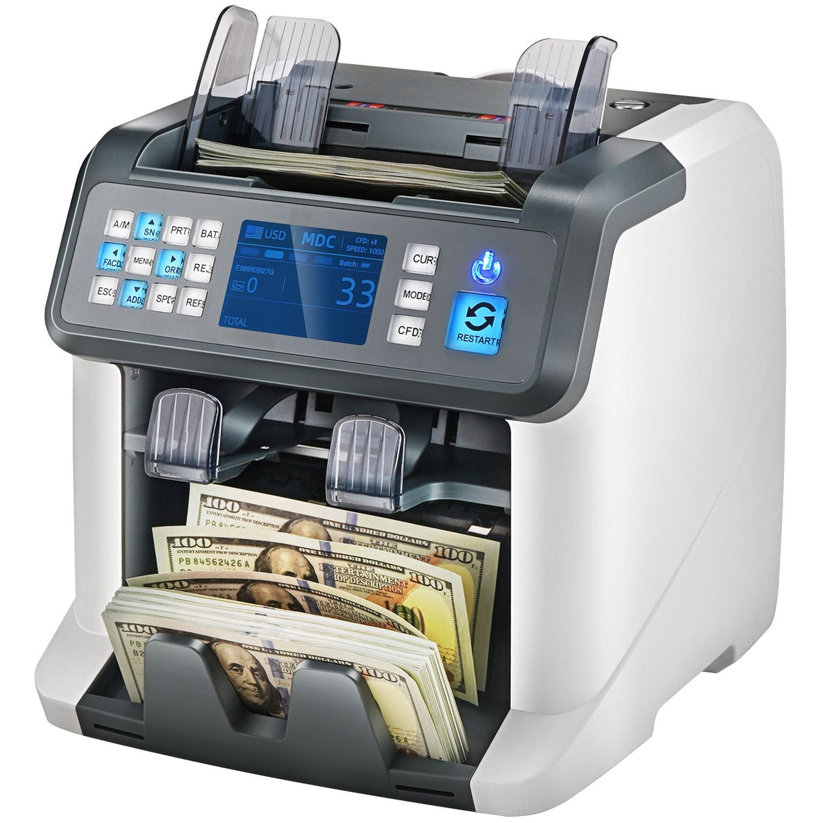 Money Counter Machine, Bill Counter with Mixed Denomination, 2CIS, SN, UV, IR, MG, DD Counterfeit Detection, Multi Currency, Value Counting Cash Counter and Sorter, Printer Enabled
