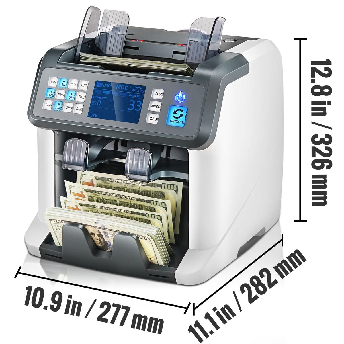 Money Counter Machine, Bill Counter with Mixed Denomination, 2CIS, SN, UV, IR, MG, DD Counterfeit Detection, Multi Currency, Value Counting Cash Counter and Sorter, Printer Enabled