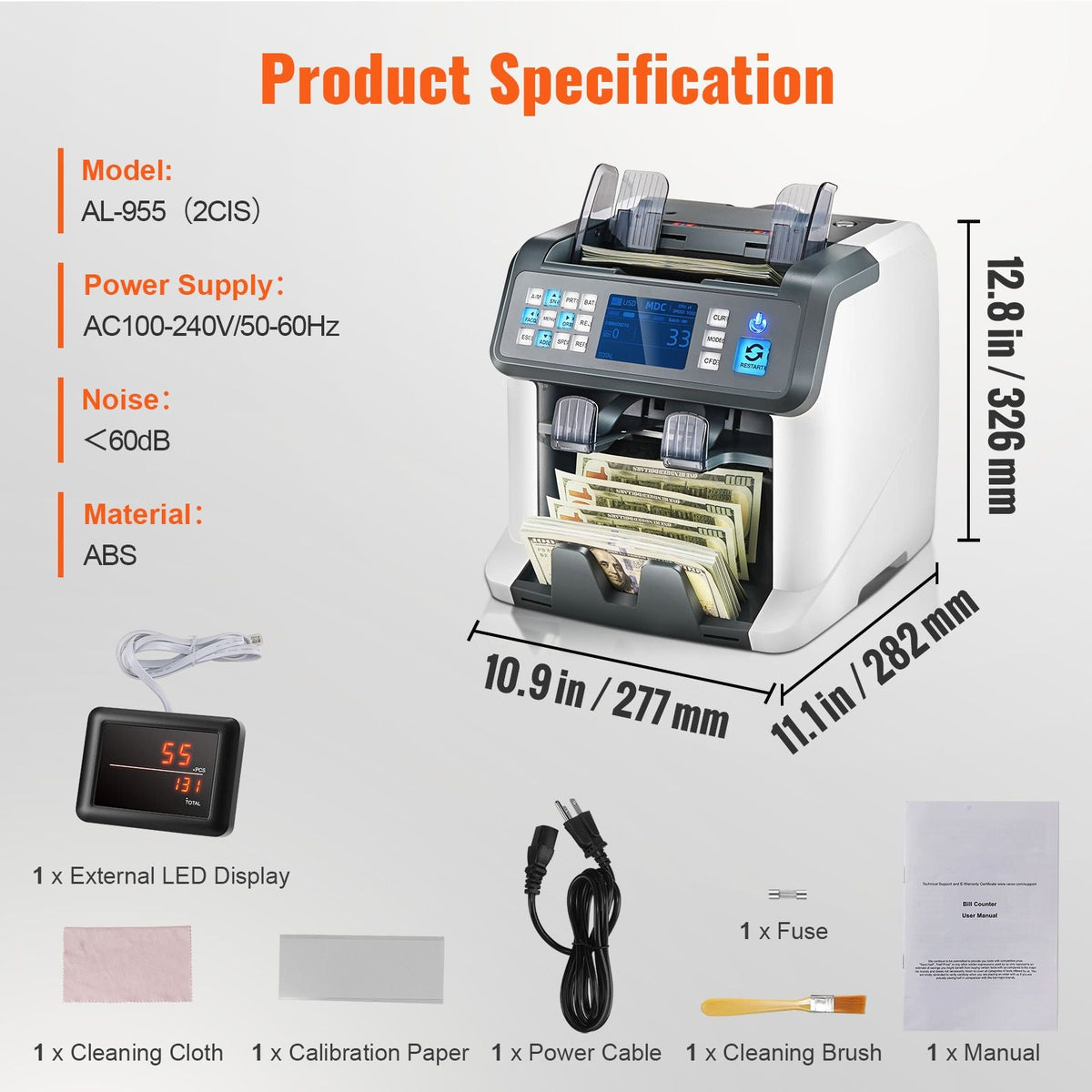 Money Counter Machine, Bill Counter with Mixed Denomination, 2CIS, SN, UV, IR, MG, DD Counterfeit Detection, Multi Currency, Value Counting Cash Counter and Sorter, Printer Enabled
