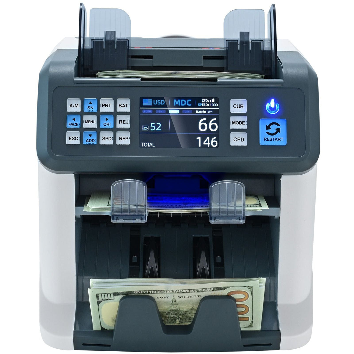 Money Counter Machine, Bill Counter with Mixed Denomination, 2CIS, SN, UV, IR, MG, DD Counterfeit Detection, Multi Currency, Value Counting Cash Counter and Sorter, Printer Enabled