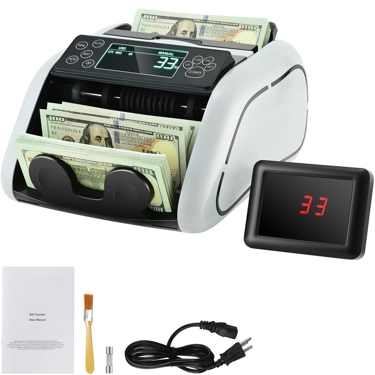 Money Counter Machine, Bill Counter with UV, MG, IR and DD Counterfeit Detection, USD & EUR Cash Counting Machine with Large LCD & External Display for Small Business